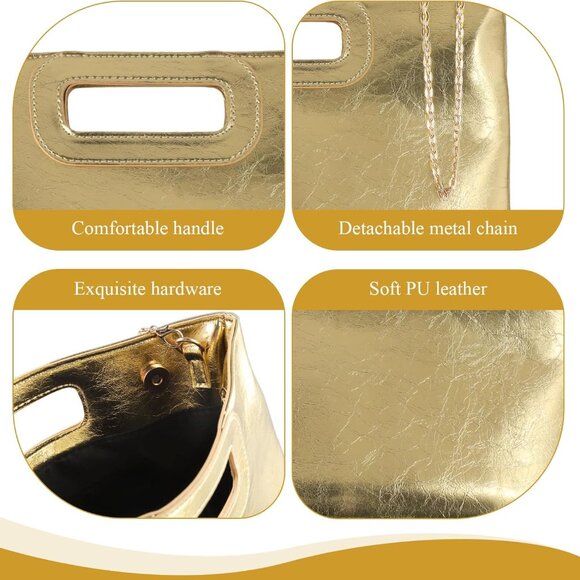 Elegant Gold Evening Clutch Purse for Women with Detachable Chain, Spacious PU D - Picture 7 of 7